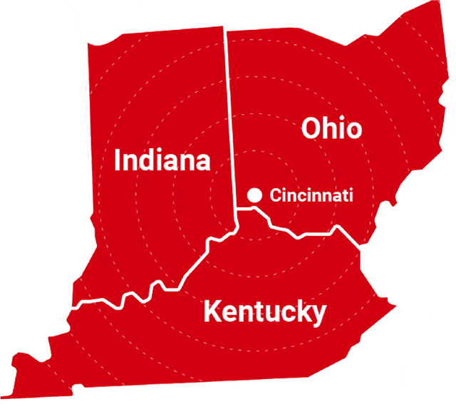 Service area map showing Indiana, Ohio, and Kentucky with Cincinnati location